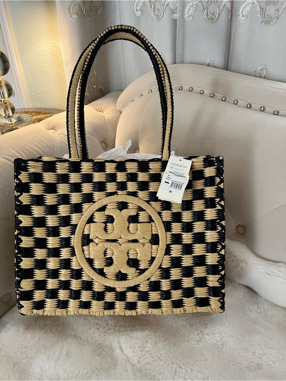 NWT Tory Burch Ella Woven Checkerboard Tote Black Natural Raffia Bag